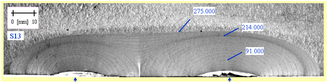 Figure 4: Image of the fatigue crack growth from twin co-planar flaws