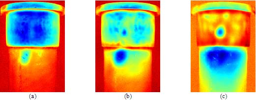 Figure 7: Defect 'B' second derivative images (from a 7th degree polynomial fitting) at t=(a) 1.26 s; (b) 3.19 s; (c) 7.51 s.