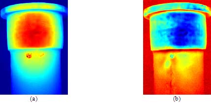 Figure 8: Defect 'C'. (a) raw themogram at t=1.26 s; (b) second derivative image (from a 7th degree polynomial fitting) 2.17 s.