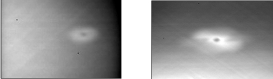 Figure 10: Thermal images of 12.75J impact damage in a panel sample (left) & in a sandwich sample (right) taken 0.5s after flash heating.