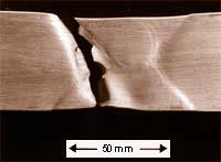 Fig.7 Tensile test shows a localised reduction in specimen thickness in the HAZ region.