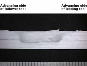 Fig.14. Macrosection taken from the 'common weld region' of a Staggered twin-stir TM lap weld in 3mm thick 5083 -H111 aluminium sheets 