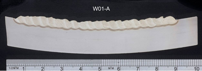 Figure 3. Macrosections taken through test weld W01. Scale ruler shown: (a) W01-A: first layer appearance (SMAW electrode ø3.2mm);