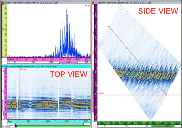 Figure 6 - Images of the top and side views of the threads using un-skewed beams in the orthogonal plane where the thread corner 1 (see Figure 2) echoes dominate the viewing space