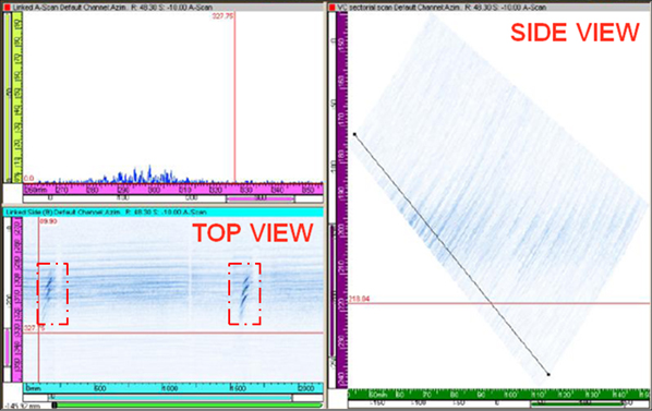 Figure 7 - Images of the top and side views of the threads using beams skewed away from the orthogonal plane by 10º showing the effective elimination of echoes from corner 1 (see Figure 2) so that echoes from corner 2 could be more readily detected a