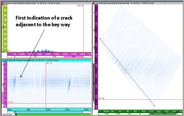 Figure 9 - Detection of the onset of cracking damage in the threads adjacent to a keyway