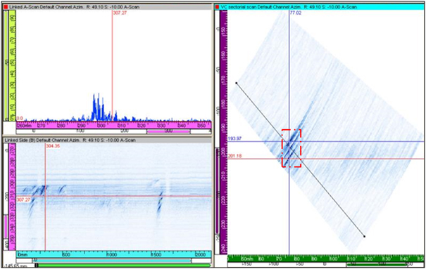 Figure 10 - Growth of crack shown in Figure 9 as measured in the S-scan as well as the presence of other cracks along the threading