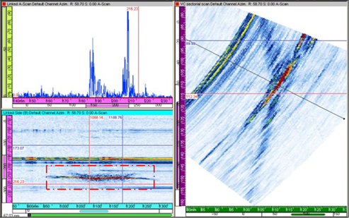 Figure 12 - The echo from the crack (highlighted in dotted red box) which reached the outside surface of the component, leading to final failure