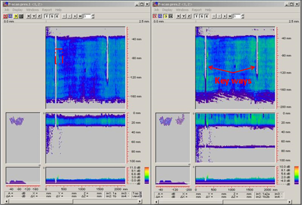 Figure 13 - Detection of early damage adjacent to one of the keyways using the conventional ultrasonic system, corresponding to the data in Figure 9, highlighted in the dotted red box