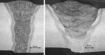 Figure 1. Macro sections of GMAW weld W01 (left) and SMAW weld W02 (right)