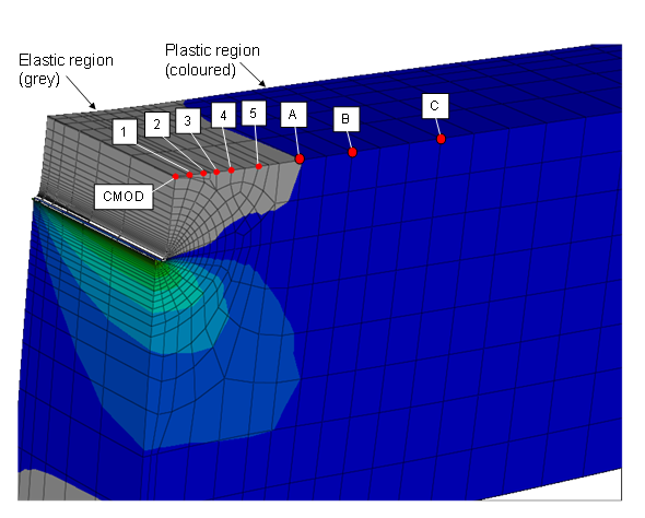 Figure 3 Numerical model of the elastic region around the notch mouth of a clamped loaded SENT specimen loaded to 1.5% remote strain with strain hardening exponent of 10, B=W=25mm, a/W=0.2, H/W=10.