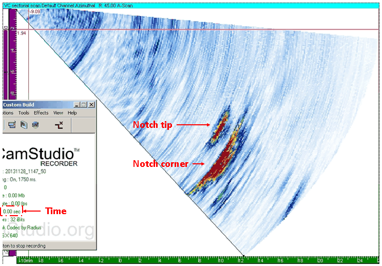 Figure 6 Ultrasonic image of the notch corner and tip when the fatigue test started; note the highlighted time parameter recorded in seconds. 