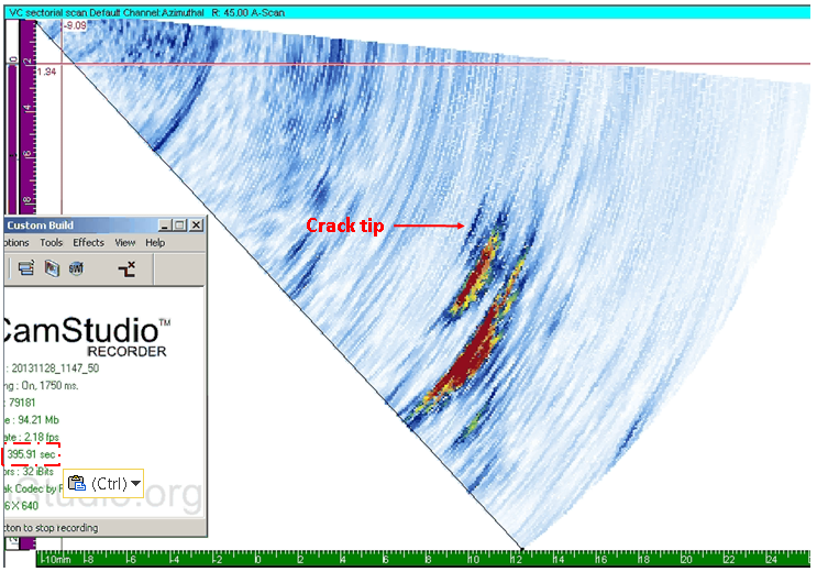 Figure 10 The position of the crack tip at a test time of 396s. 