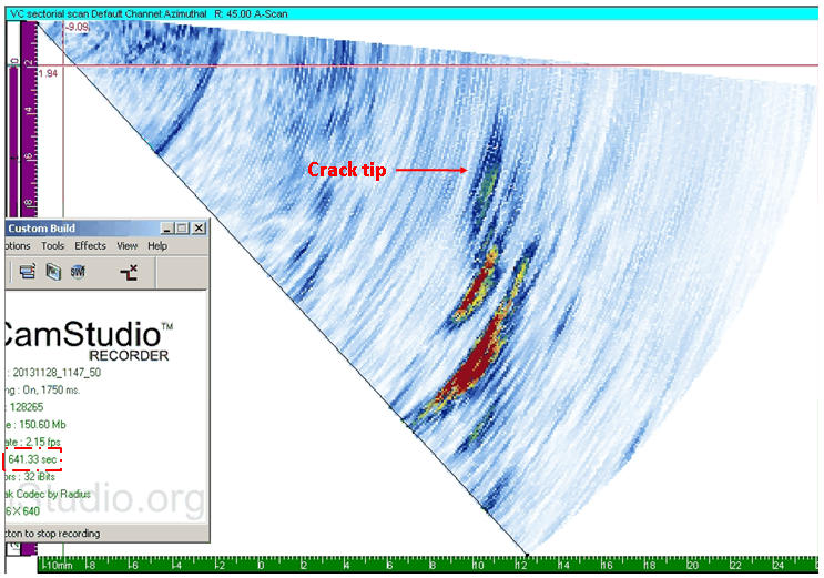 Figure 12 The position of the crack tip at a test time of 641s.