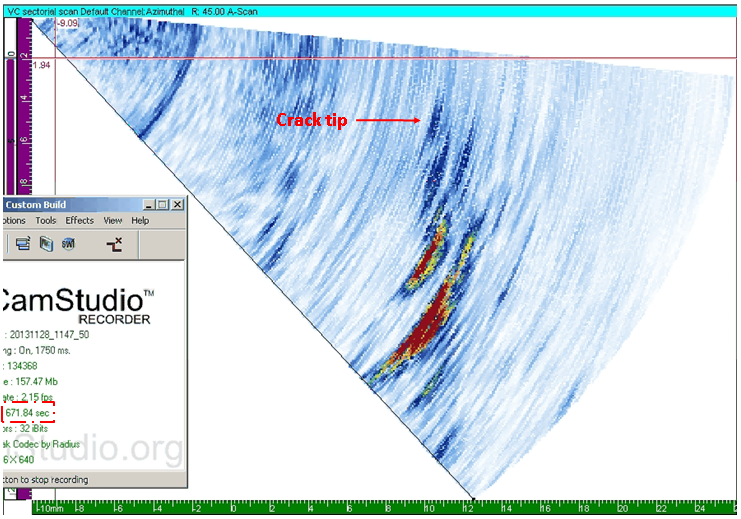 Figure 13 Last measureable position of crack tip at 672s before final failure. 