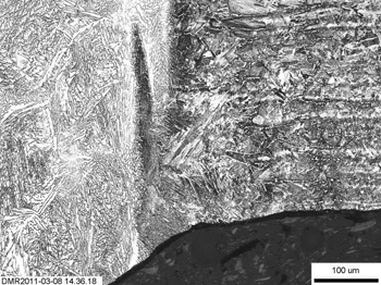 Figure 6b: An example of weld root showing no features from Weld BW01 after straining