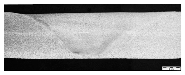 Figure 11: Macrosection of a friction stir weld in AISI 304L stainless steel (Cater and Perrett, 2011), courtesy of Stephen Cater, TWI.