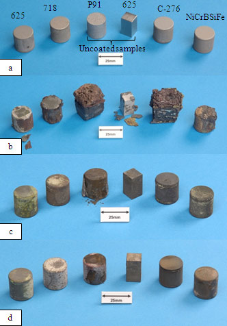 Figure 2: Physical appearance of materials before (a) and after corrosion testing at 725°C (b), 625°C (c) and 525°C (d)