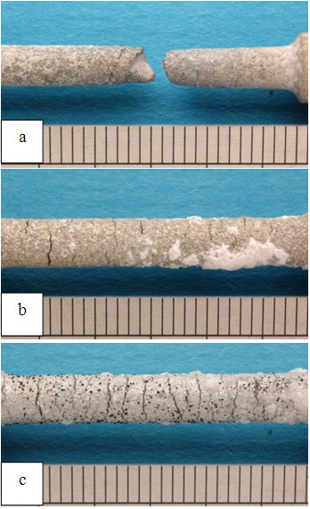 Figure 6: Photographs of HISC specimens after testing showing (a) uncoated, (b) TSA coated; and (c) TSA + Al-silicone sealed DSS. The uncoated DSS specimen failed after 24 hours at 669 MPa while the coated specimens survived 235 days at 695 MPa.
