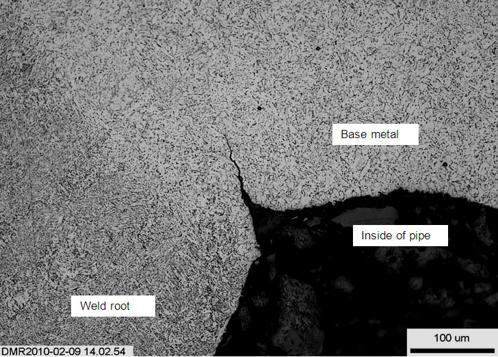 (b) W2 weld, 93µm deep crack that initiated in a region of poor profile (WRBH = 0.58mm)
