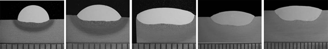 Figure 1. Photomacrographs of transverse sections of single-weld-bead produced by increasing the current from 140-300A in steps of 40A. Note the different magnifications in the photographs.