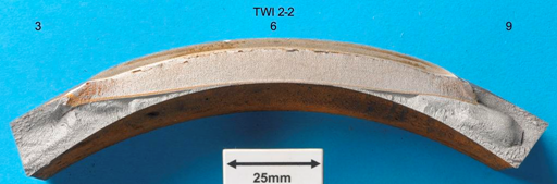 Fig. 14 Appearance of notch at 6 o’clock (causing leak) after breaking open section of pipe cold.