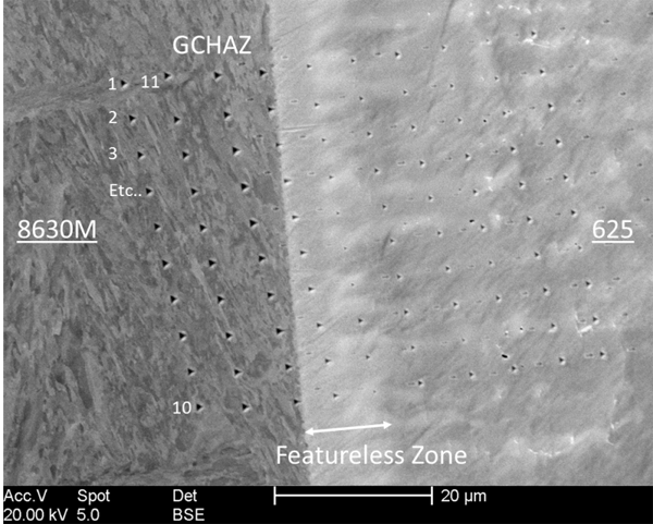 Figure 11 - A typical nano-indentation array across an 8630M-625 interface is shown (array B on sample 35).