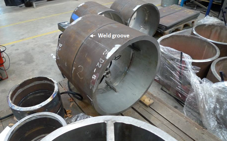 Figure 1 Image of specimens used in the project, highlighting a typical weld groove where the fill passes were not introduced to complete the weld.