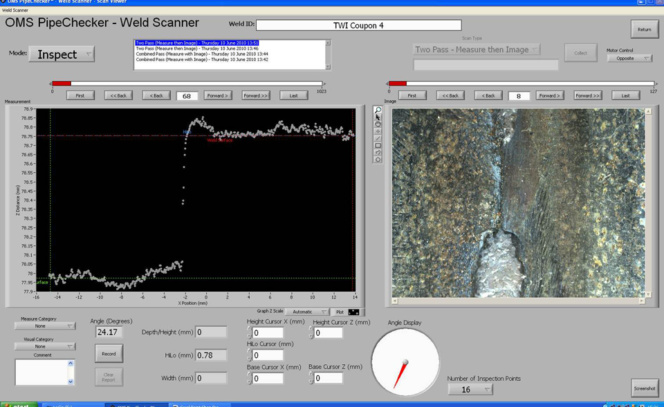 Figure 9 Laser optical measurement of a lack of root penetration in specimen 04 with a measured length of 10mm, which nominally had no misalignment. The left image shows a typical laser measured root profile to evaluate misalignment and the right image shows the presence of a lack of root penetration type flaw in the weld.