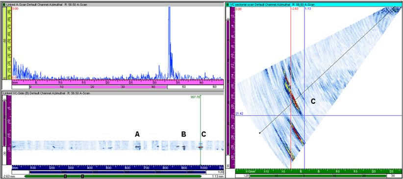 Figure 12 Data showing flawed regions containing lack of root penetration in specimen 04.