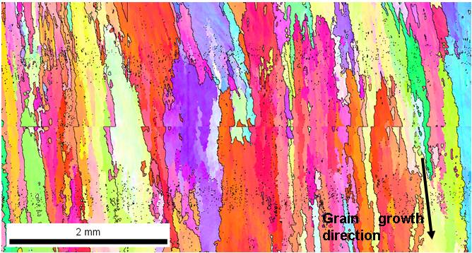 Figure 15 Inverse pole figure map from the scan of the weld-deposited cladding showing large dendritic grain structures.