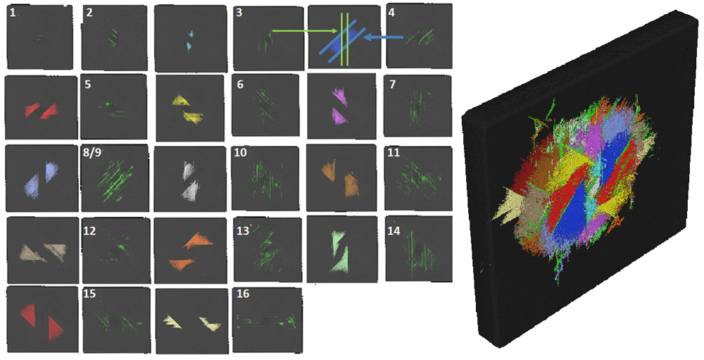 Figure 3 Reconstruction of matrix cracks/ delaminations detected at each ply/interface in the 14J panel (Plies are numbered)