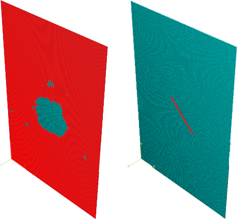 Figure 6 Selection of elements for cohesive interaction function (a) and selection of elements for negligible shear moduli (b) for ply 9 in 14J simulation