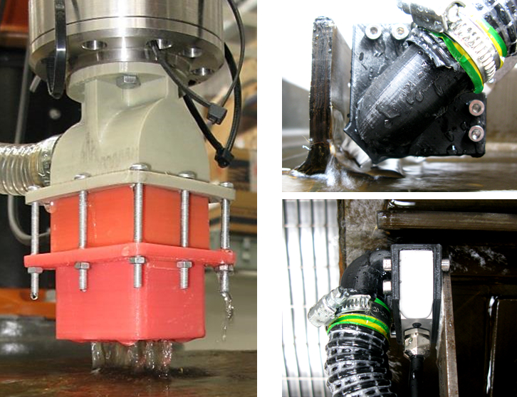 Figure 2. Two of the water jet nozzle prototypes, designed to support flat (a) and concave (b) ultrasonic phased array probes.