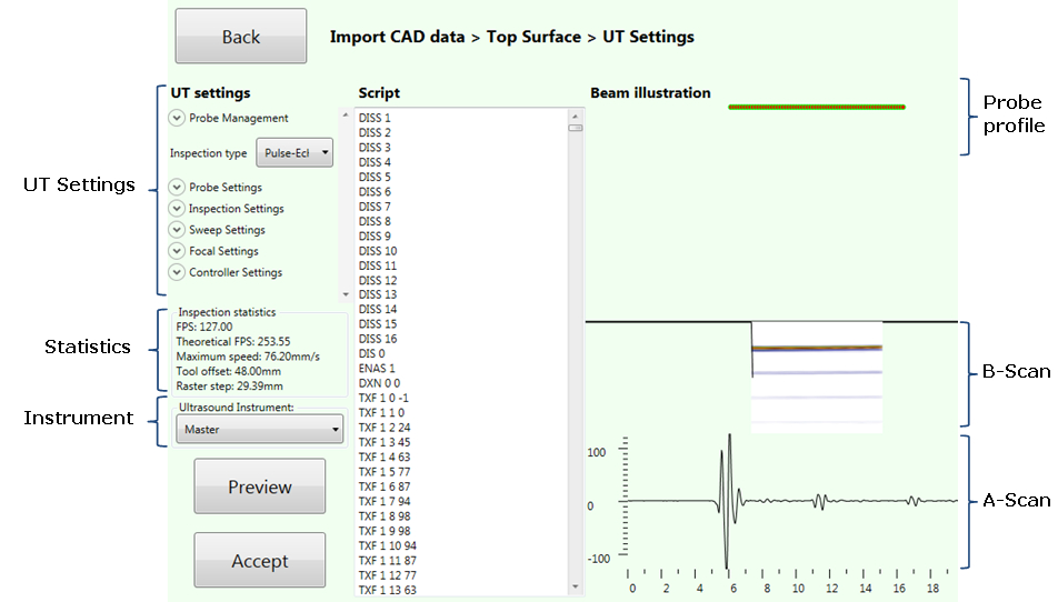 Figure 5. Preview window with the probe profile, real-time B-scan and A-scan.