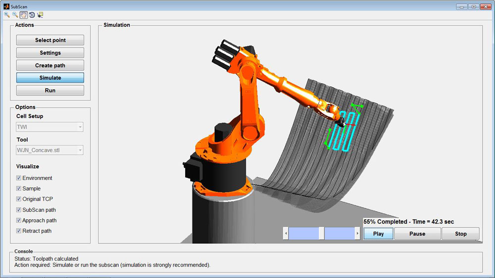 Figure 8. Screenshot of the integrated path-planning module during the simulation of the sub-scan toolpath.