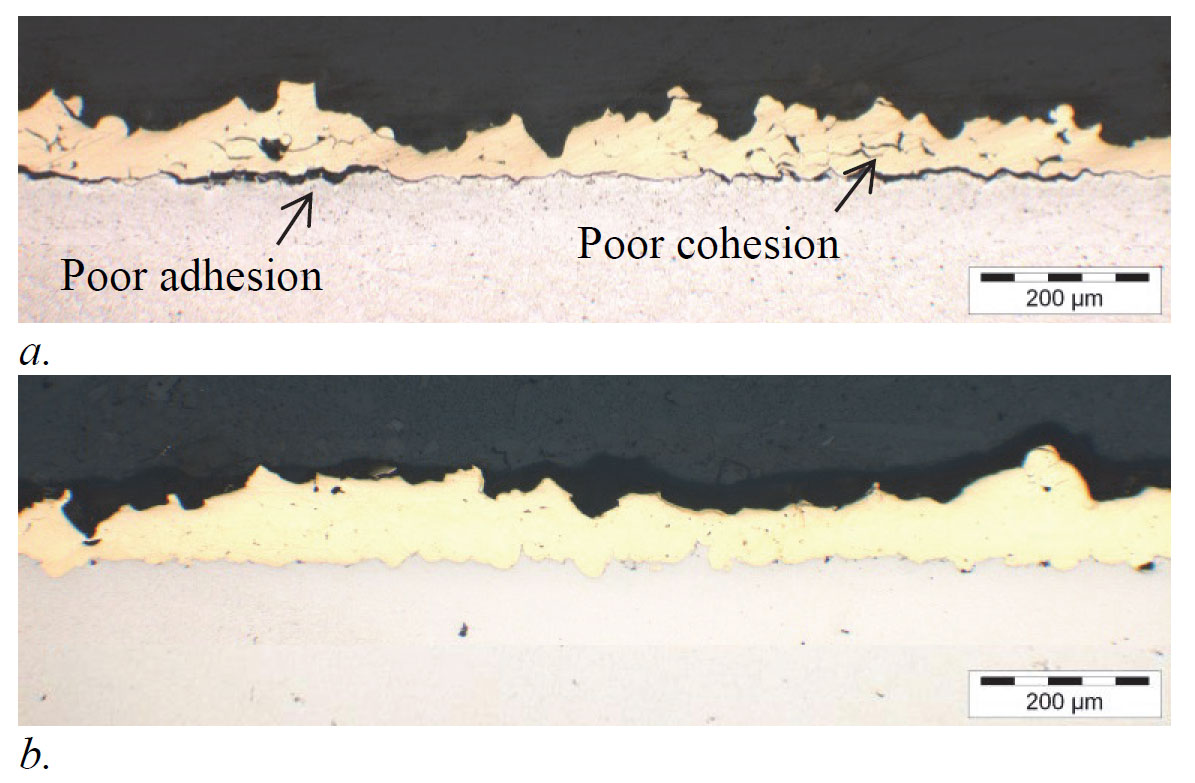 Figure 3: Example of microstructures of Cu bronze cold sprayed tracks on steel: a. Without laser heating of the substrate. b. With laser heating.