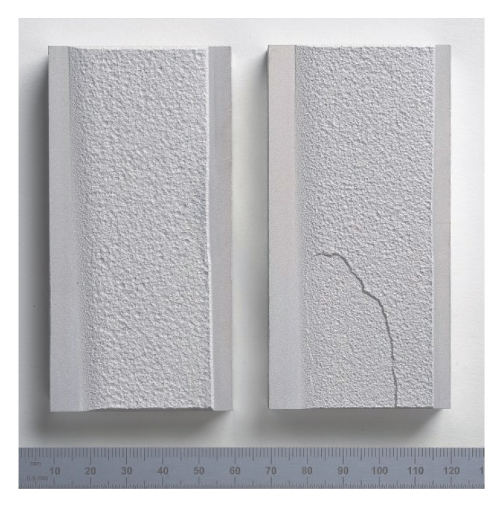 Figure 7: Example of thicker Al alloy cold sprayed coatings on Al alloy with (left) and without (right) laser assistance. Coating thicknesses are typically between 1-2mm.