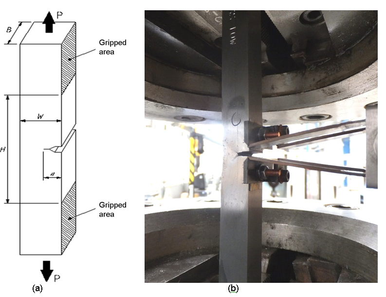 Figure 2 SENT test specimen with a BxB square section design (a), and an SENT test specimen instrumented with a double clip gauge, tested at room temperature to generate a CTOD and J R-curve (b). 