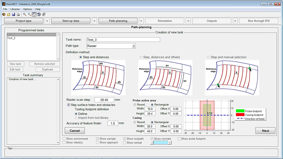 Figure 4 – Creation of a new task. First phase with the selection of the tool-path type and the definition of the tool footprints.