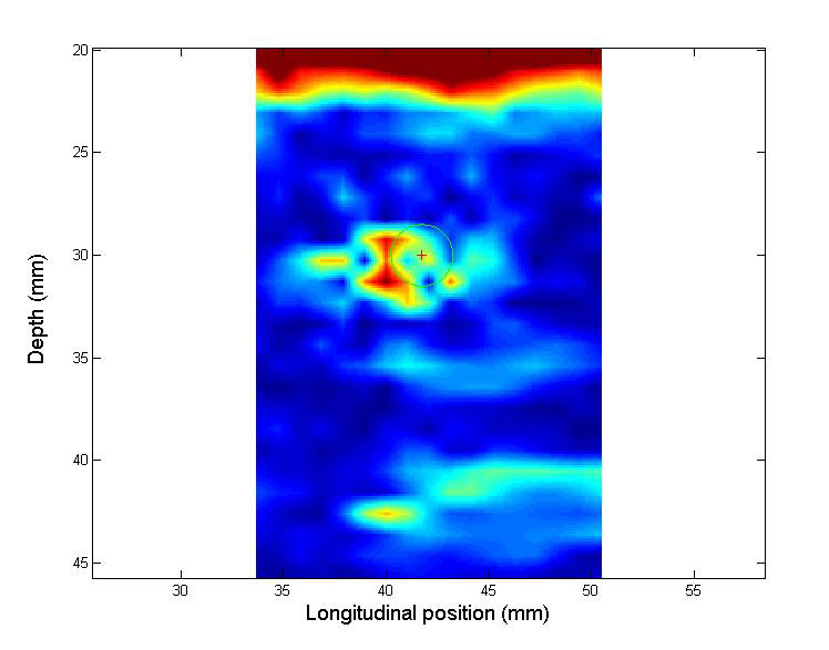 Figure 6: TFM image from experimental data considering the block as homogeneous and isotropic