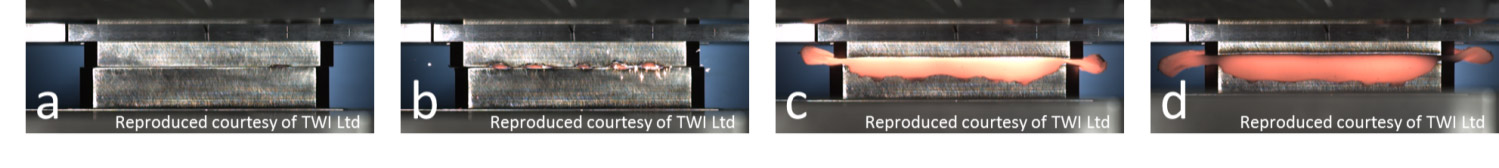 Fig. 1 LFW process a) Initial phase b) Transition phase c) Burn-off phase d) Forging phase.jpg