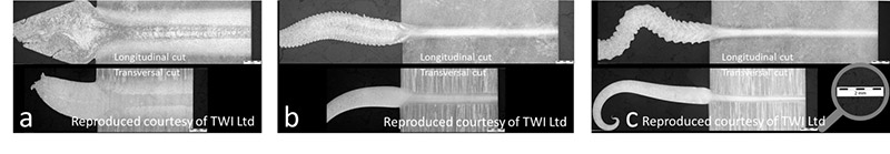 Fig. 4: Weld joint cross micrographs for high rubbing velocity and a) low; b) medium; c) high pressure joints