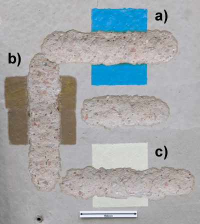 Figure 10 The effects of laser scabbling over treated concrete: a) Floor paint; b) Grease; c) Emulsion paint.