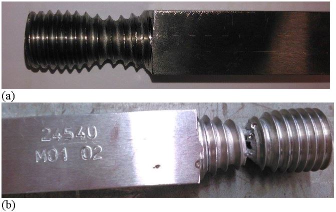 Fig. 14 Examples of failure in the machined threaded ends in SENT specimens in M01, with (a) yielding in specimens with a notch depth of a0/W of 0.325, and (b) a thread fracture from specimens with notch depth a0/W of 0.227