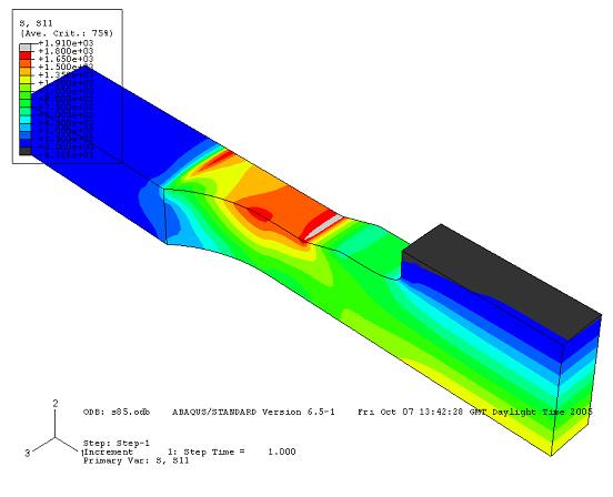 Figure 4 FE prediction of the axial stress (same as the maximum principal stress) distribution for the two designs of the strip specimen: a) 49.2mm thick at the collar (the collar being partly removed);