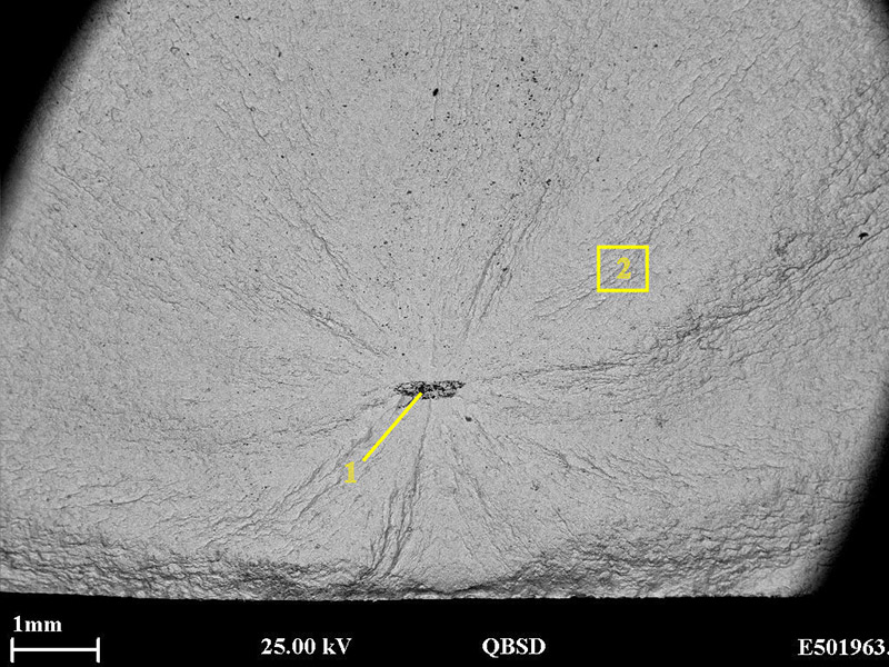 Figure 7 An example of fatigue failure from an inclusion (specimen H-04). In this example, the inclusion was about 0.8mm long, 0.2mm high and 2.3mm from the outside surface