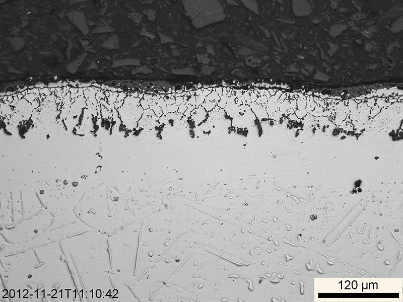 Figure 2: Light micrograph of UNS N06601 cross-section (tested in the polished surface condition) after 336h at 1100°C in flowing 10%CO-1%CO2-Ar.