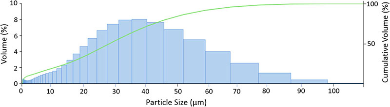 Fig. 1 Bimodal particle size distribution measured by laser diffractometry showing a large number of particle above 30 μm of diameter