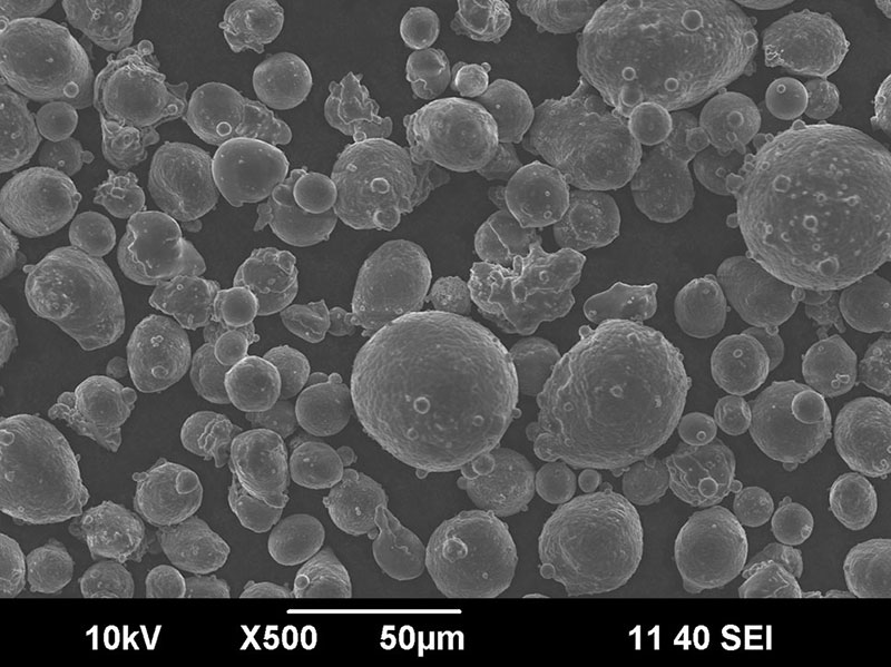 Fig. 2 Topography of the as-received AA7075 showing a mostly spherical morphology with some satellite particles